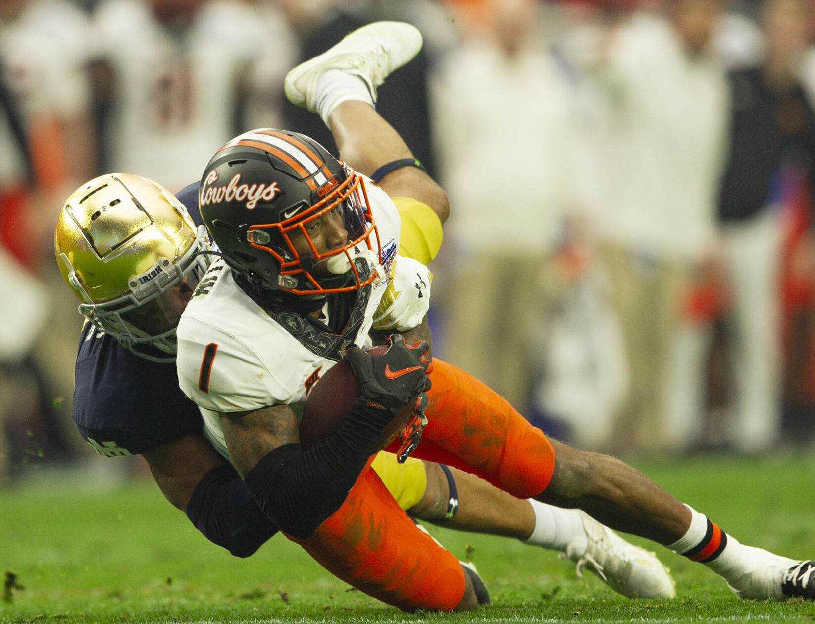 Notre Dame against Oklahoma State, in the 2022 Playstation Fiesta Bowl
